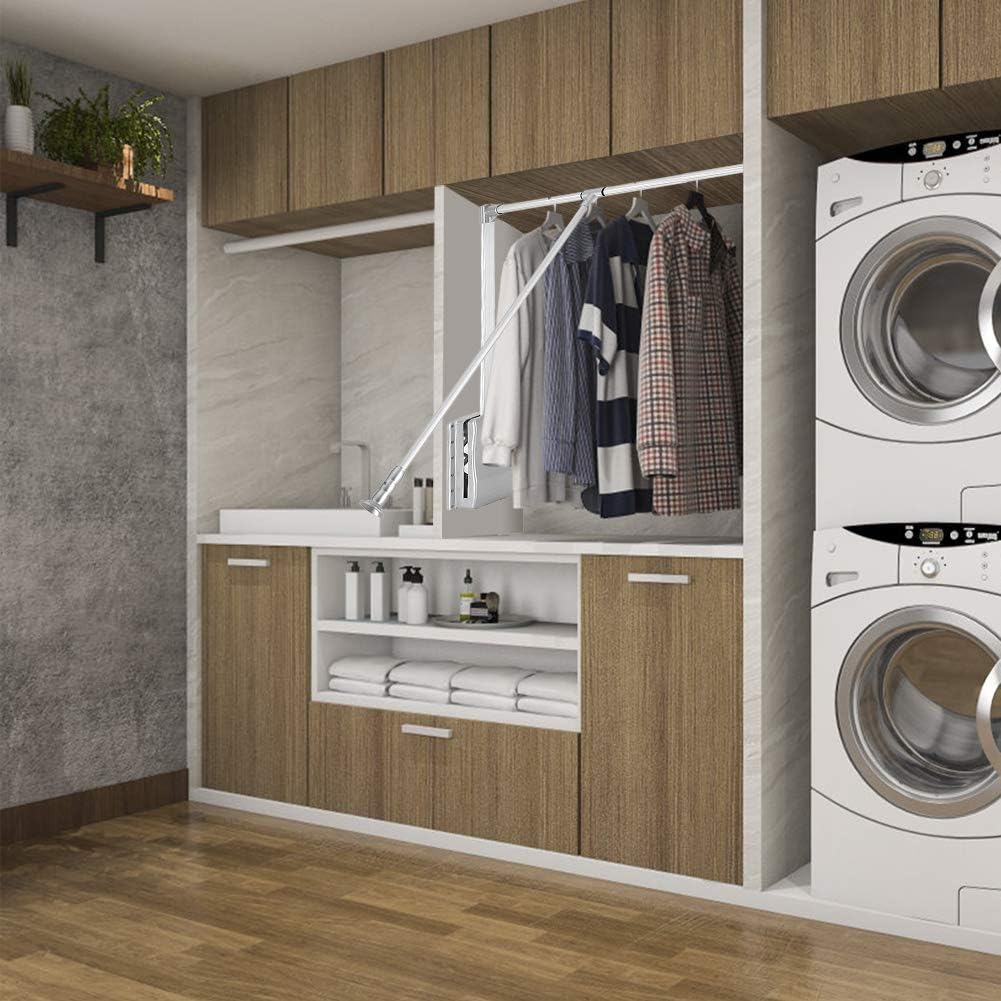 Modern laundry room with wooden cabinets, washing machine, and dryer.