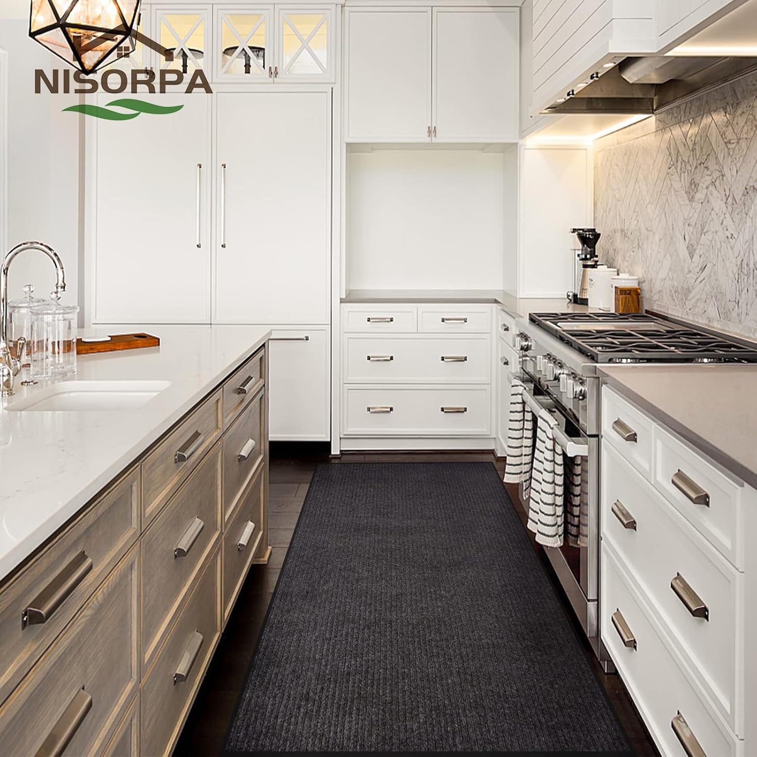 Modern kitchen with white cabinets, gray floor, and Nisorpa branding.