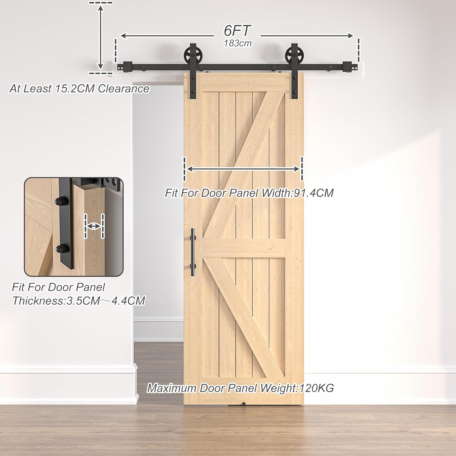 Wooden sliding door with hardware and measurements on a white background