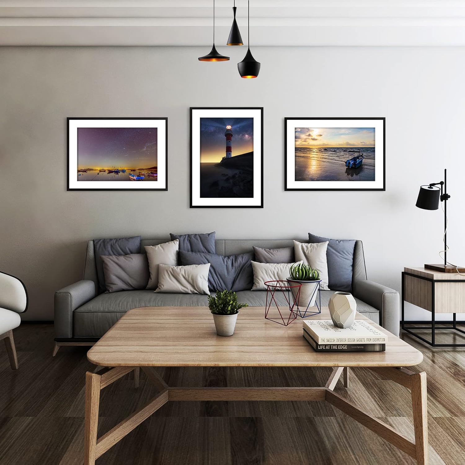 Modern living room with a gray sectional sofa, wooden coffee table, and framed artwork on the wall.