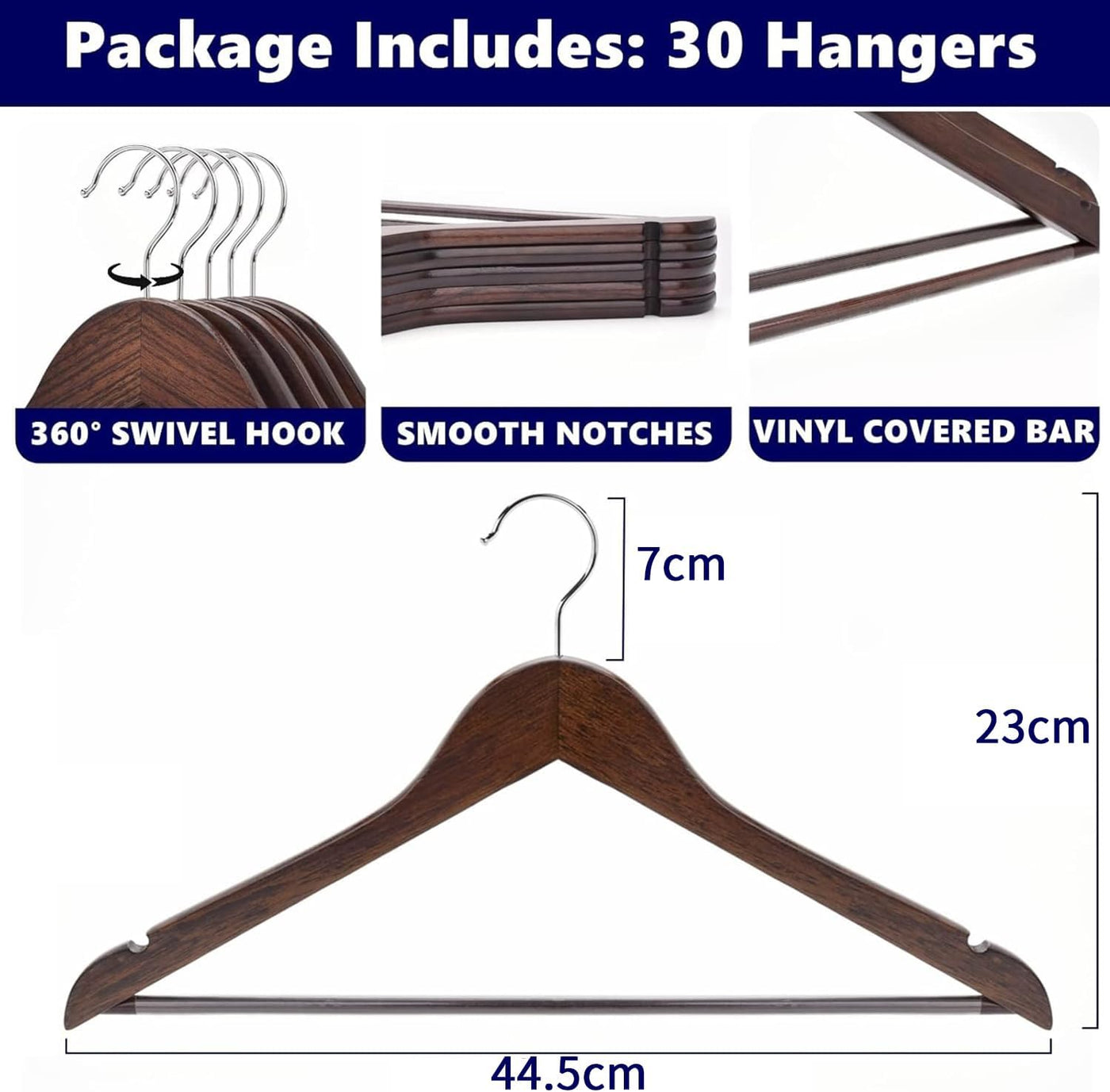 Wooden Coat Hangers 44.5cm Space Saving Non Slip Bar Retro Brown Amber Home