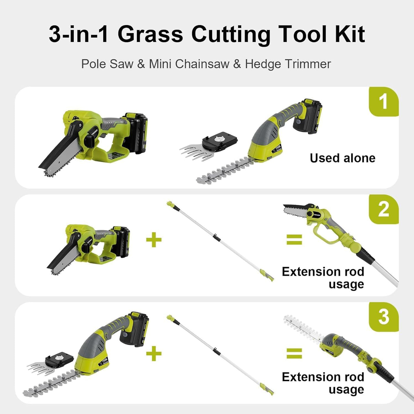 3-in-1 grass cutting tool kit with pole saw, mini chainsaw, and hedge trimmer on a white background.