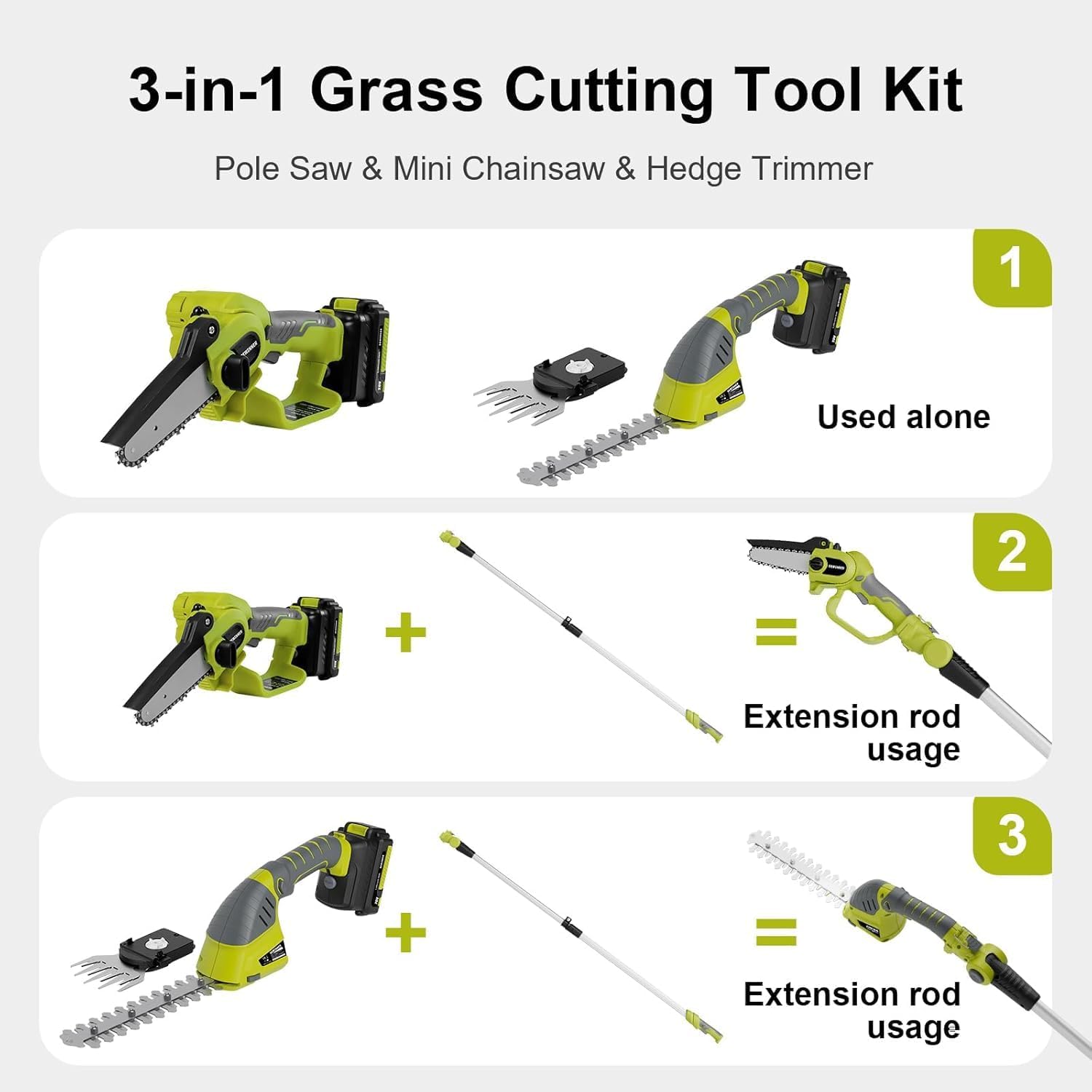 3-in-1 grass cutting tool kit with pole saw, mini chainsaw, and hedge trimmer on a white background.