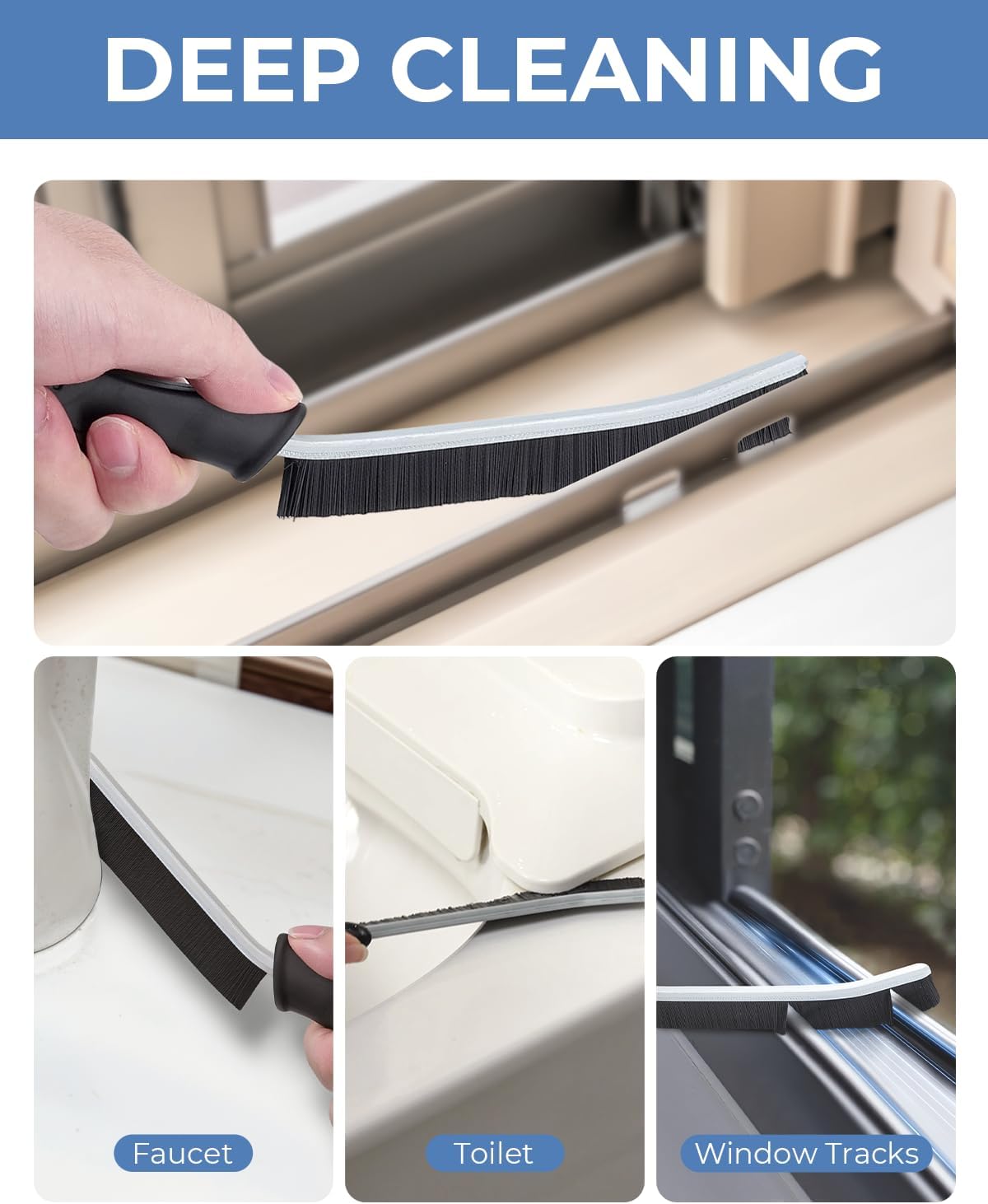 Cleaning tool being used on various surfaces with text 'DEEP CLEANING' at the top.