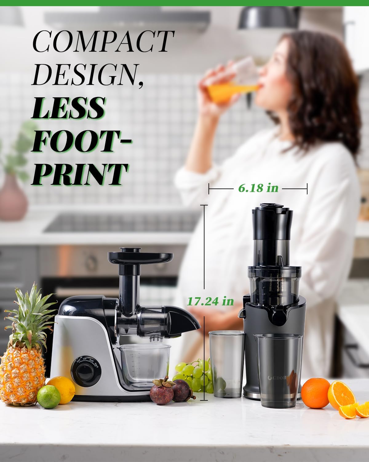 Juicer with text 'Compact Design, Less Footprint' and measurements, woman drinking juice in background