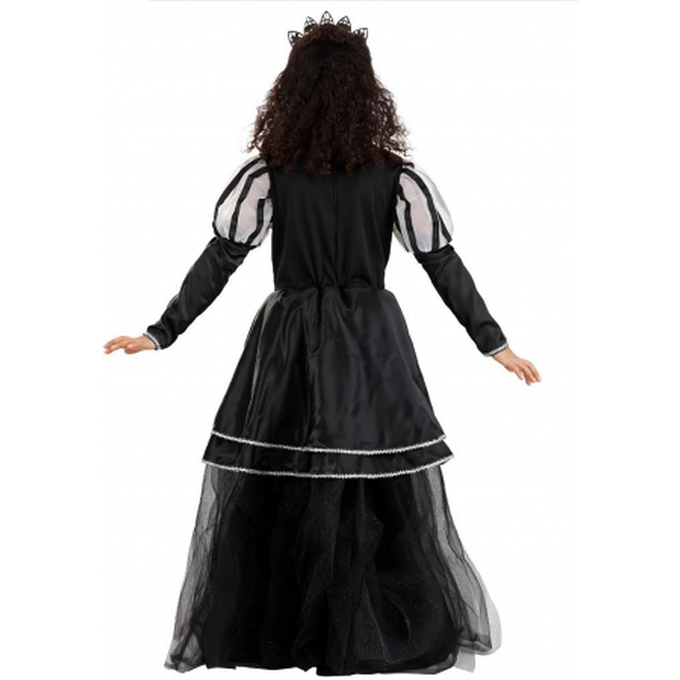 Person wearing a black Victorian-style dress with sheer sleeves on a white background