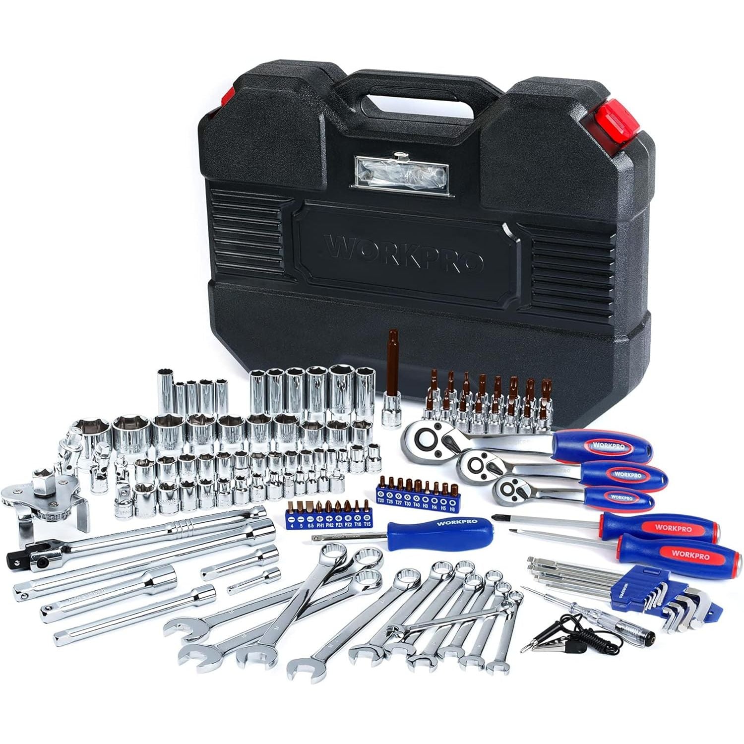 WORKPRO 123-Piece Cr-V Socket Set – 1/2", 3/8", 1/4" Drive, Wrenches & Bits