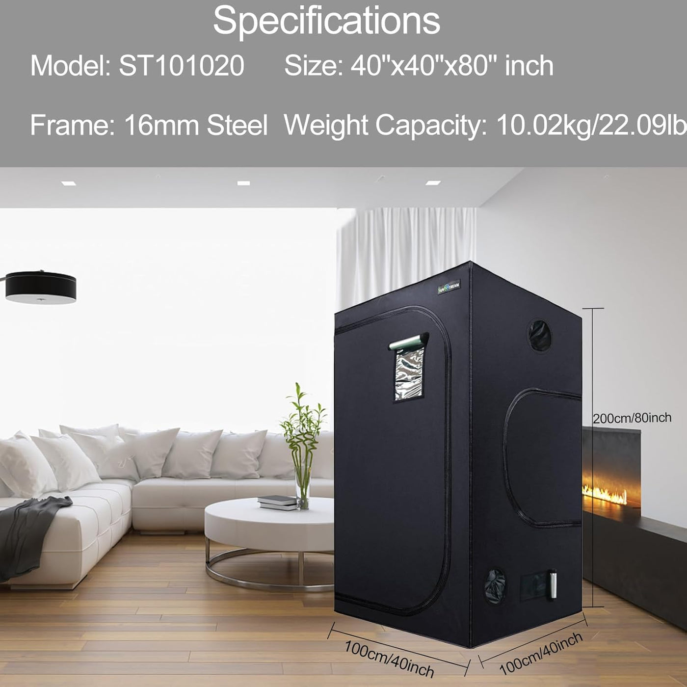 Black sauna in a modern living room with specifications displayed.