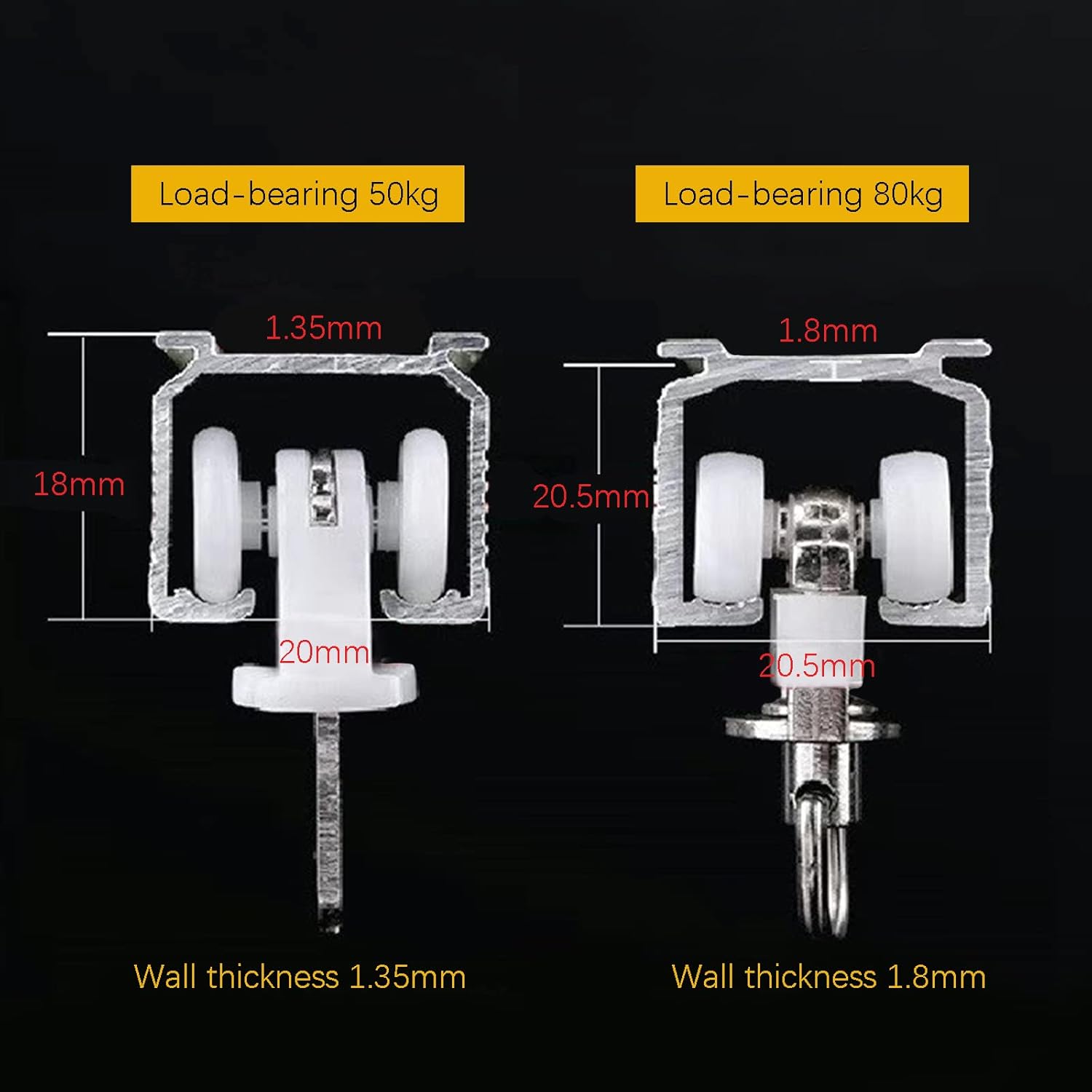 Two metal brackets with load-bearing capacities and dimensions labeled on a black background.
