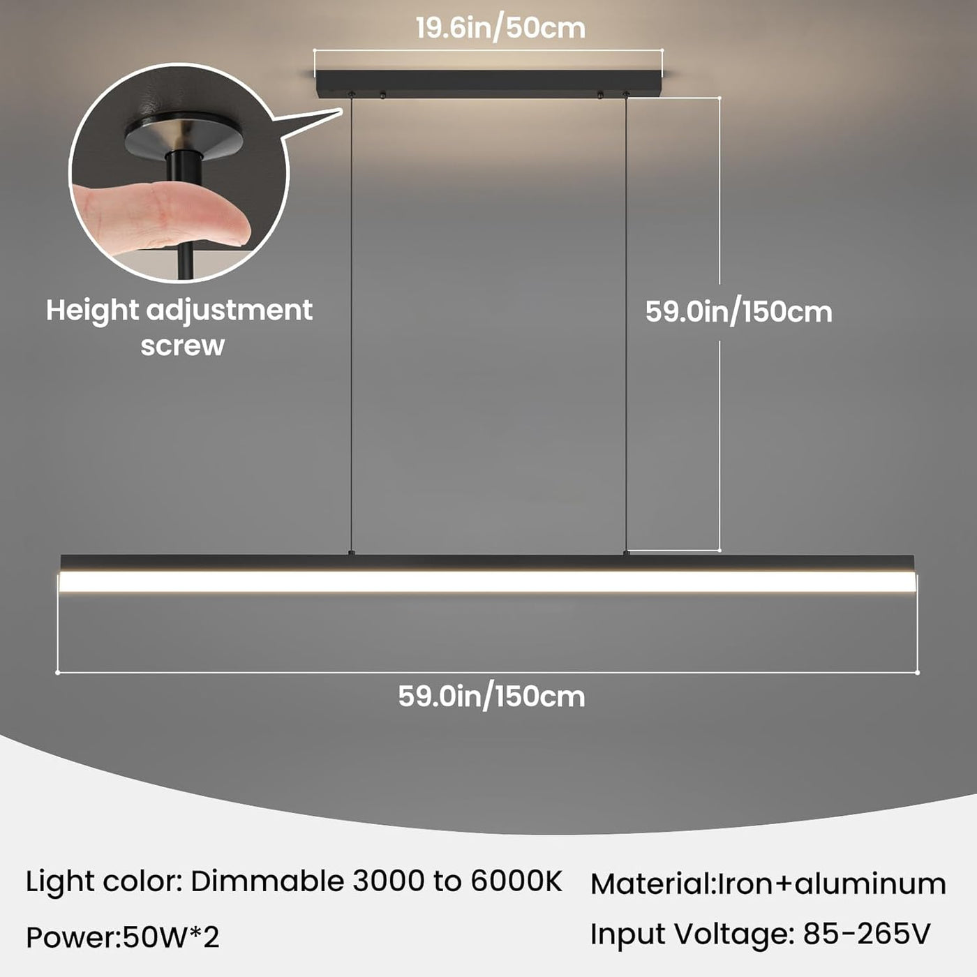 Ceiling light fixture with dimensions and features on a gray background