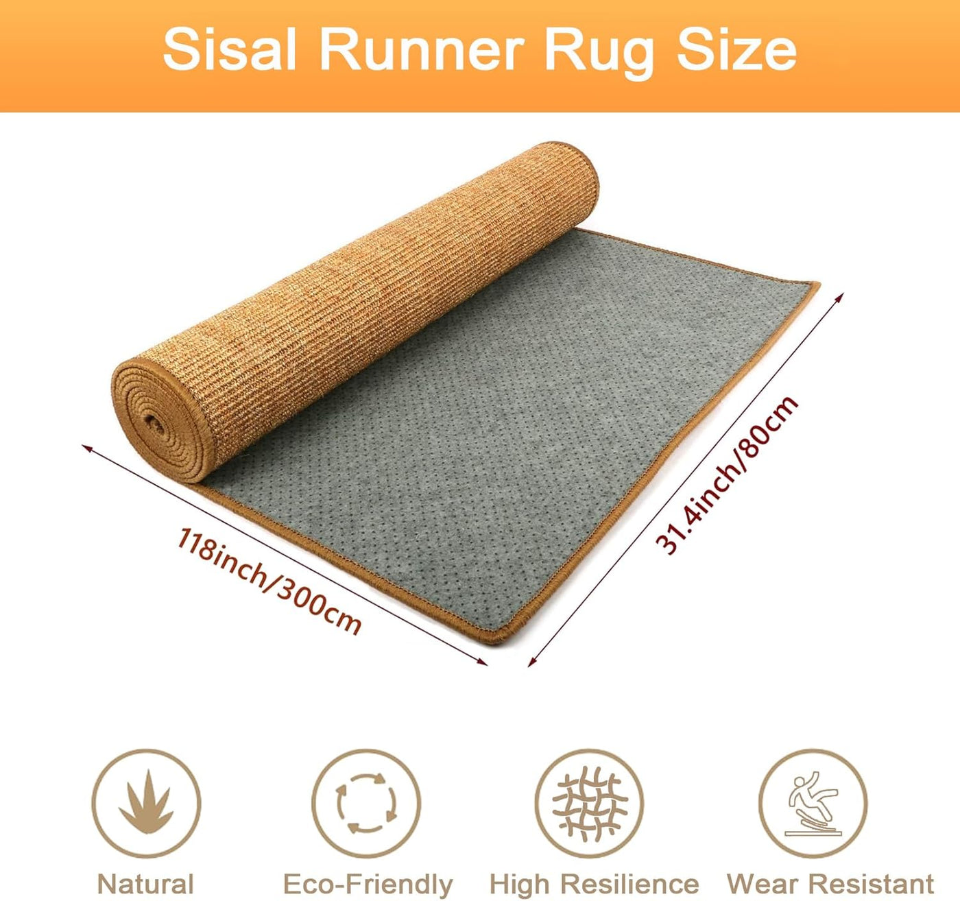 Sisal runner rug with dimensions and features on a white background