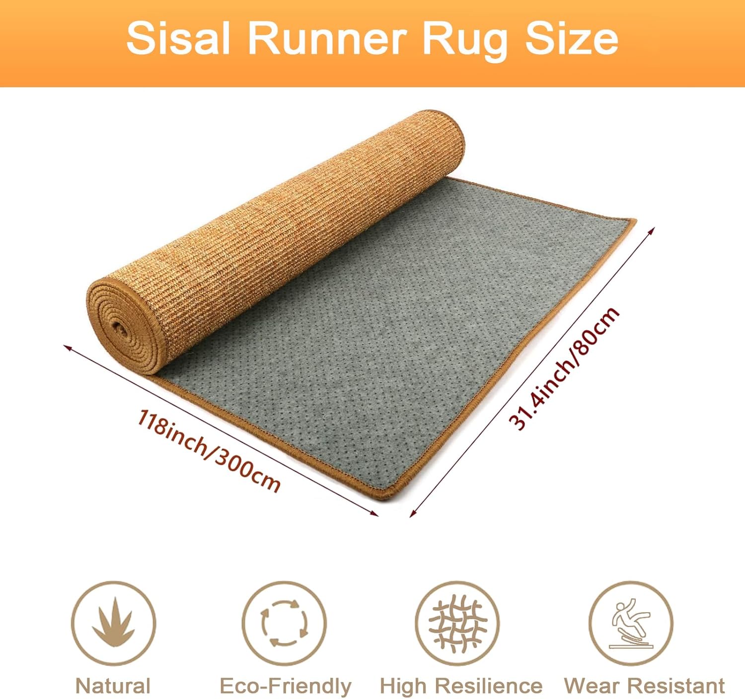Sisal runner rug with dimensions and features on a white background