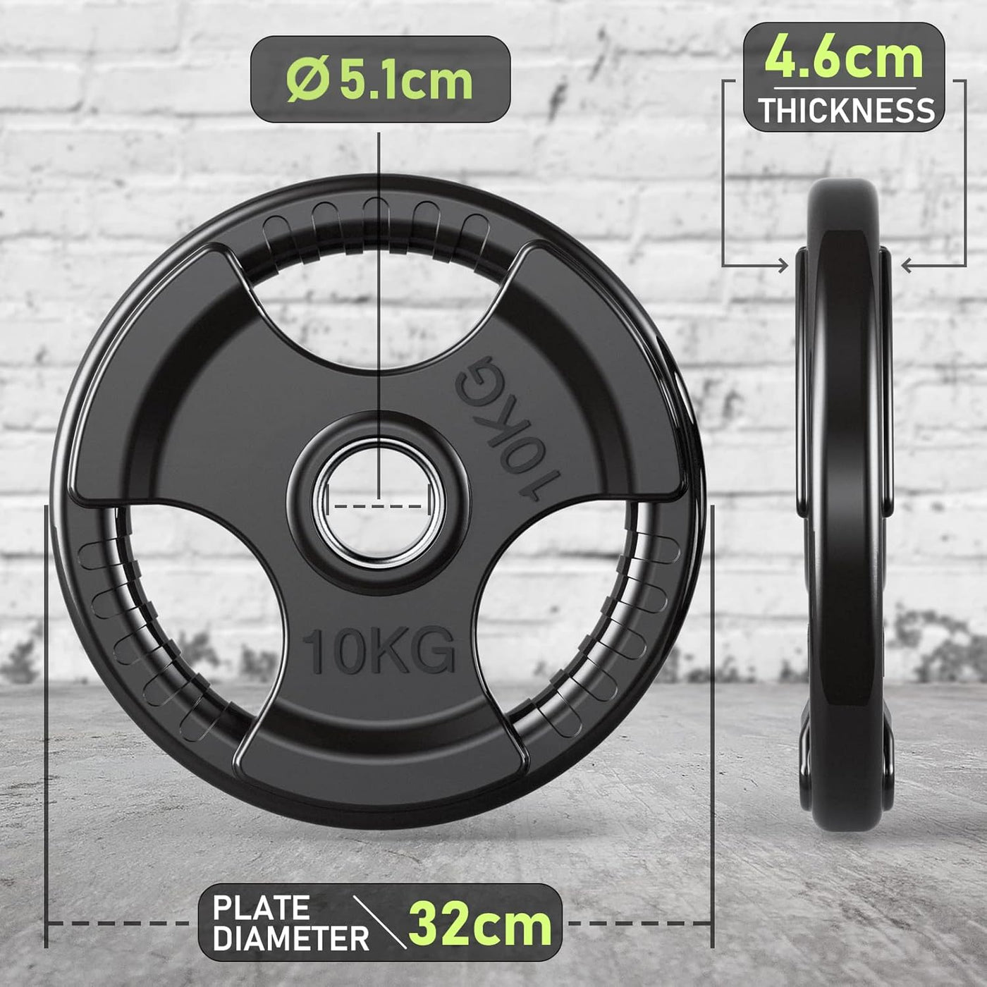 PhysKcal 2x10kg Olympic Weight Plates, Rubber Coated with 2'' Tri-Grip Design