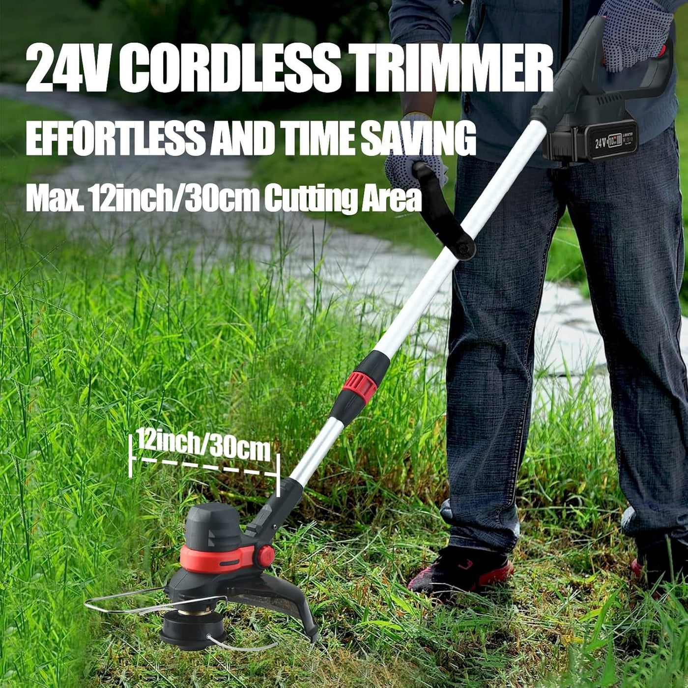 Person using a 24V cordless trimmer to cut grass with text highlighting features.