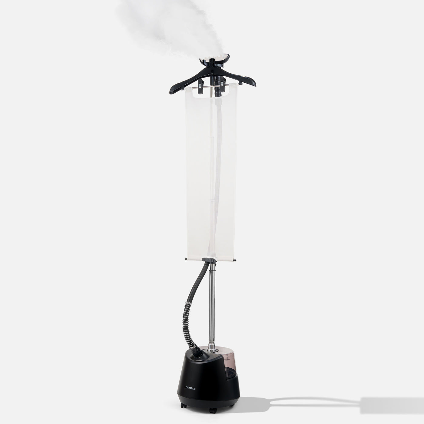 Black garment steamer with a white lampshade on a white background