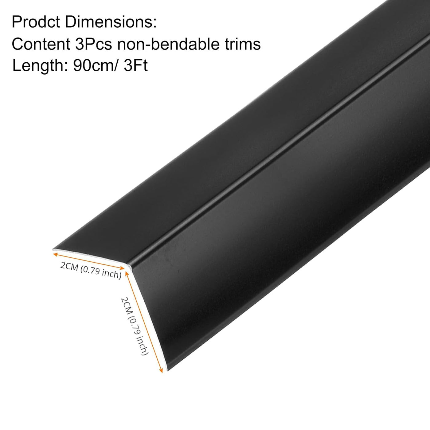 Black non-bendable trim with dimensions on a white background