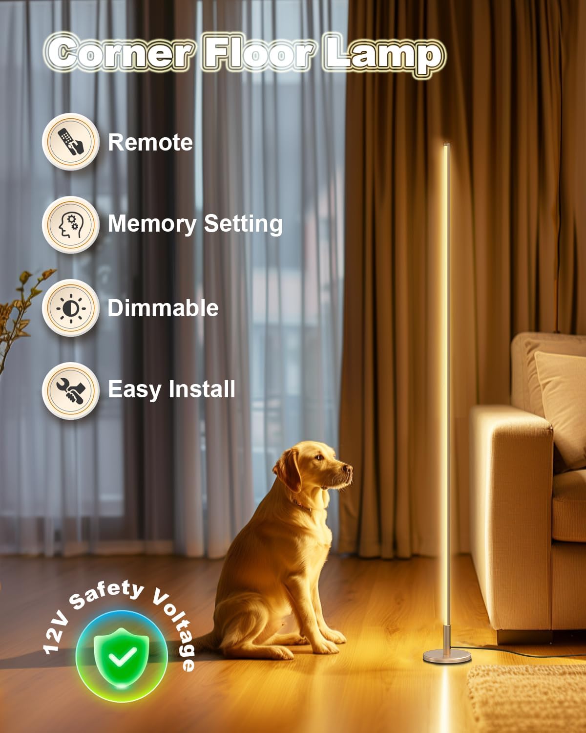 Corner floor lamp with a dog sitting next to it in a living room setting, featuring remote control, memory setting, dimmable, and easy install features.