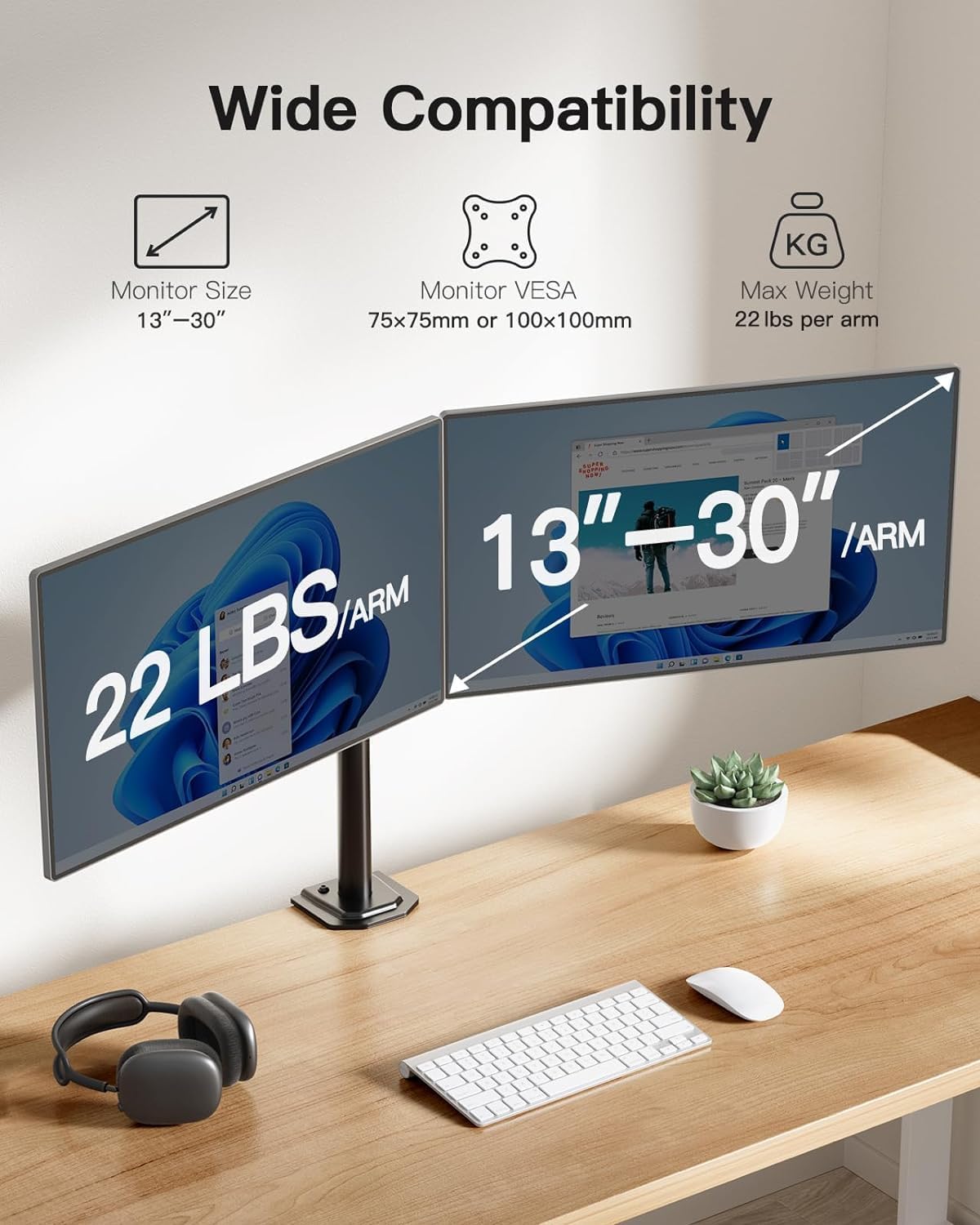 HUANUO Dual Monitor Stand 13–30", Adjustable Arms, VESA 75/100