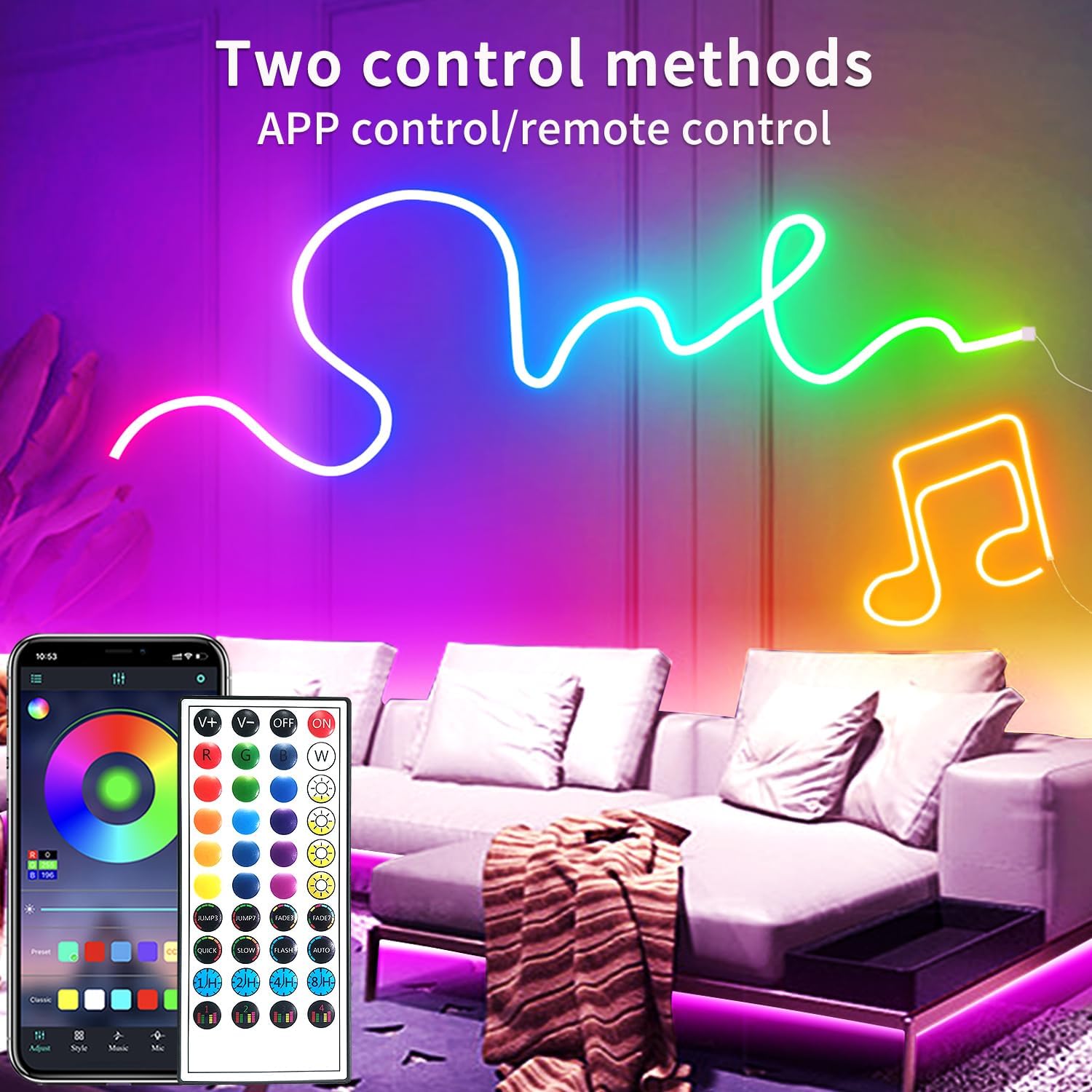 Neon lights with app control and remote control displayed in a living room setting.