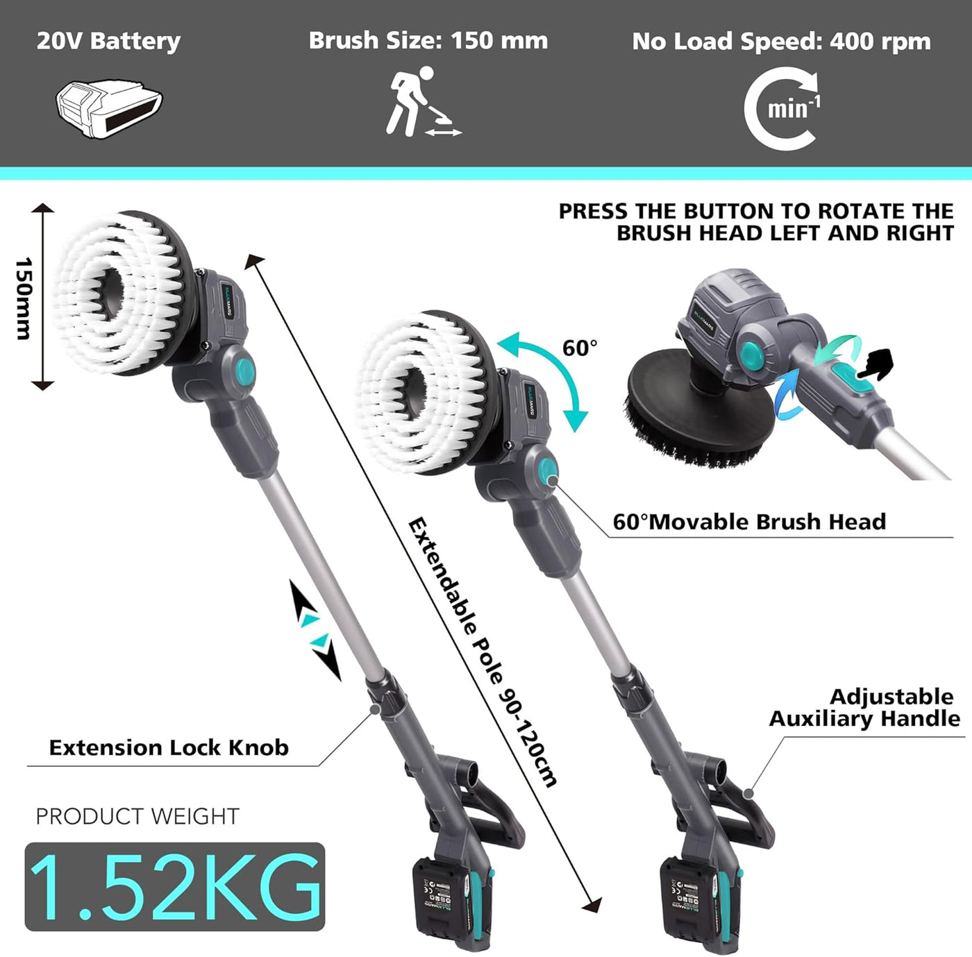 Heavy Duty 20V Cordless Spin Scrubber Power Cleaning Brush Bluemars