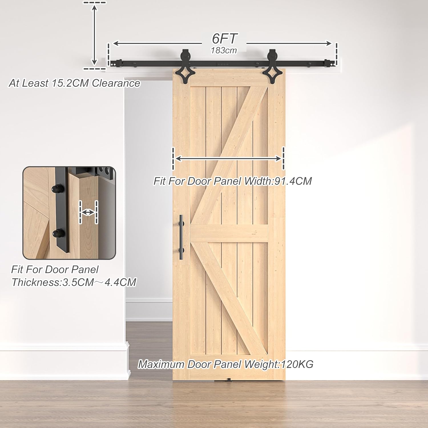 Wooden barn door with hardware and measurements on a white background