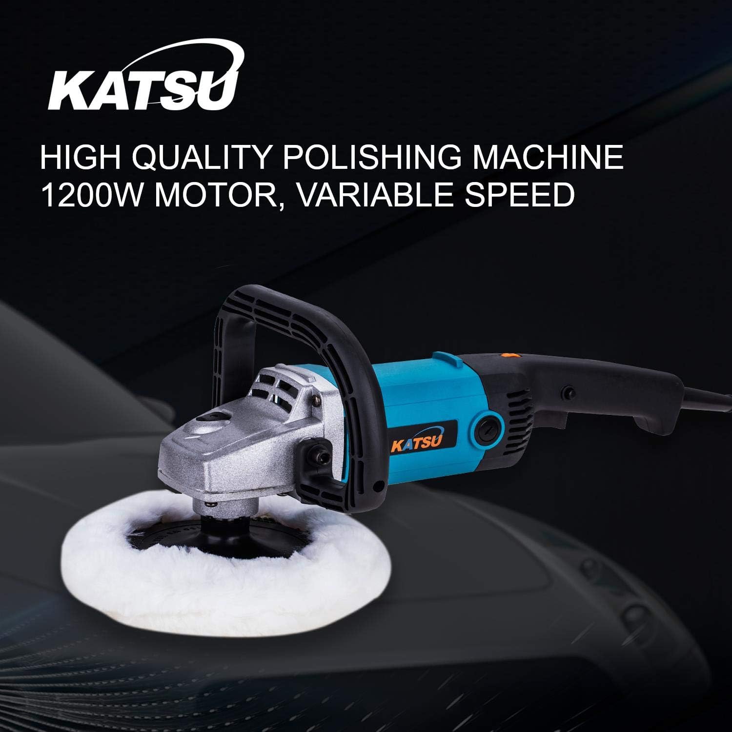 Katsu high-quality polishing machine on a car surface with text highlighting features.