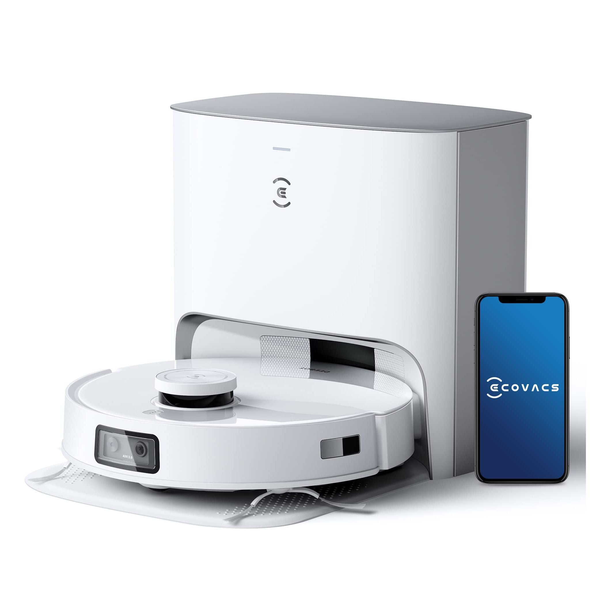 Robotic vacuum cleaner with a smartphone displaying the Ecovacs logo on a white background