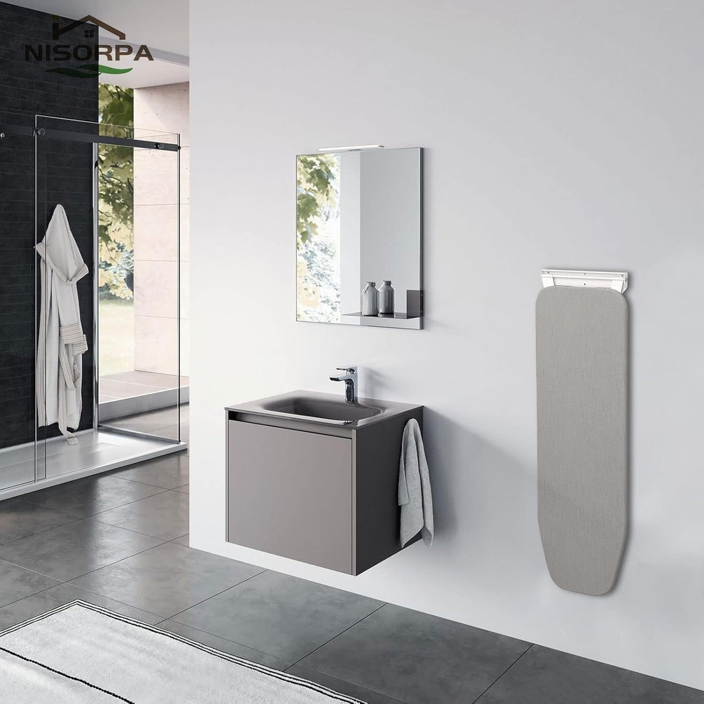 Bathroom interior with a sink, mirror, and towel radiator, featuring the Nisorpa brand.