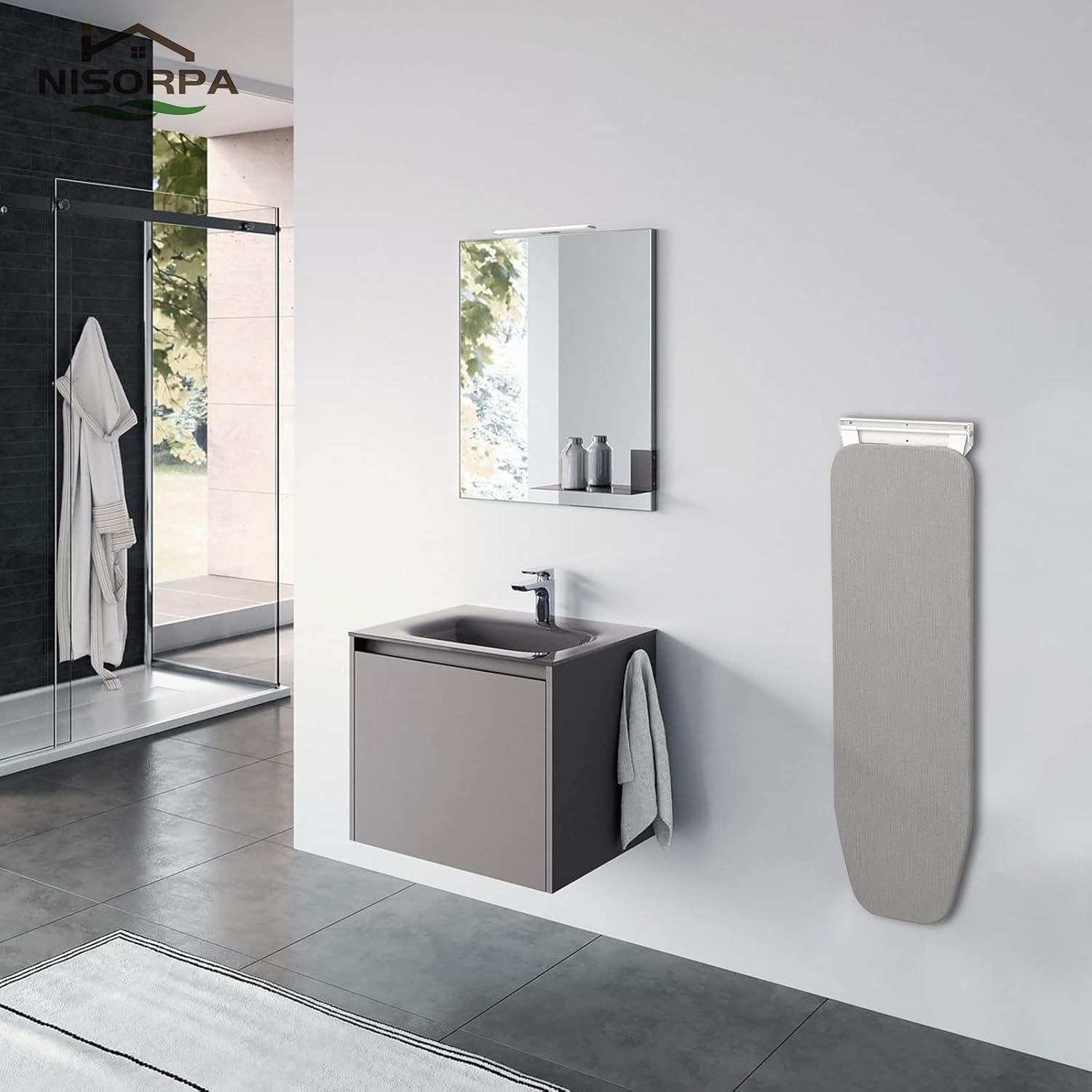 Bathroom interior with a sink, mirror, and towel radiator, featuring the Nisorpa brand.