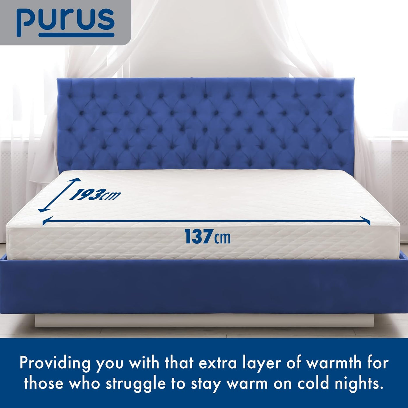 Mattress with blue headboard and dimensions labeled, featuring the brand 'Purus'.