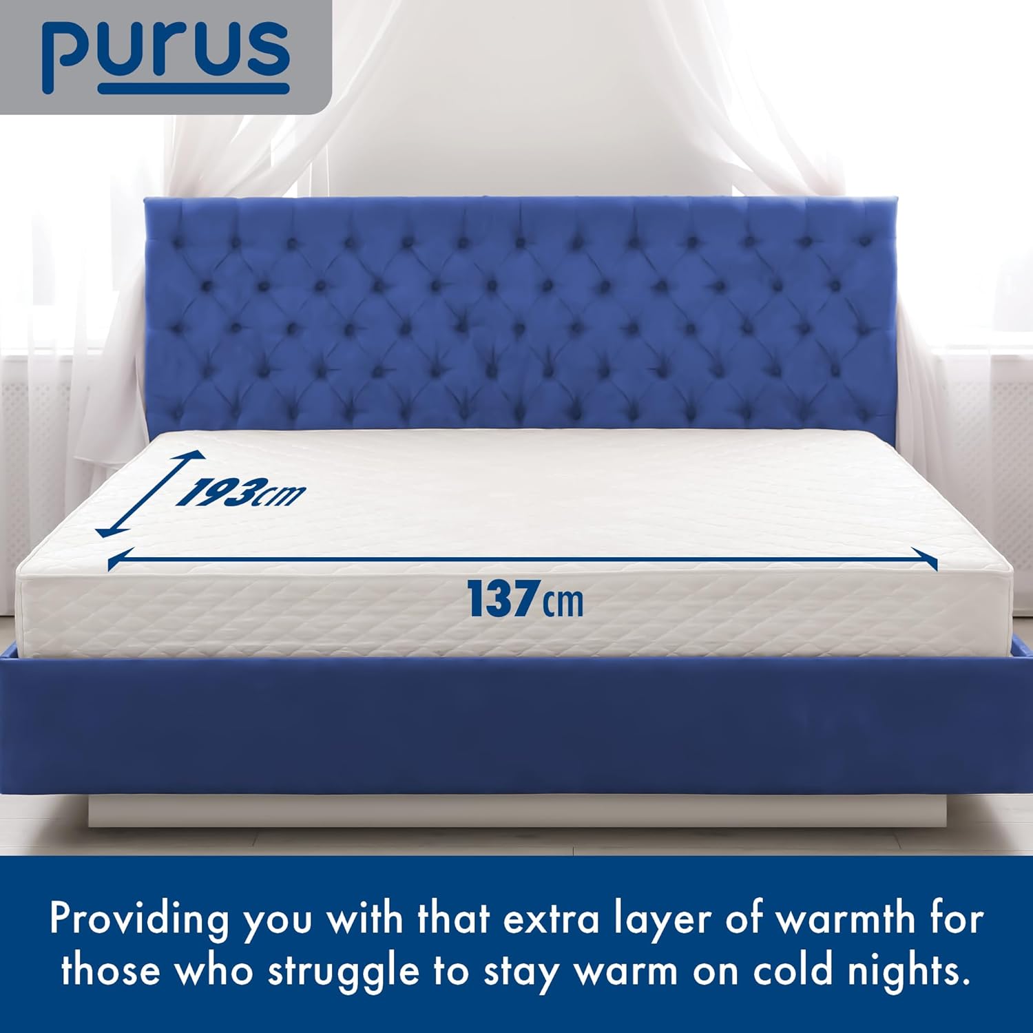 Mattress with blue headboard and dimensions labeled, featuring the brand 'Purus'.
