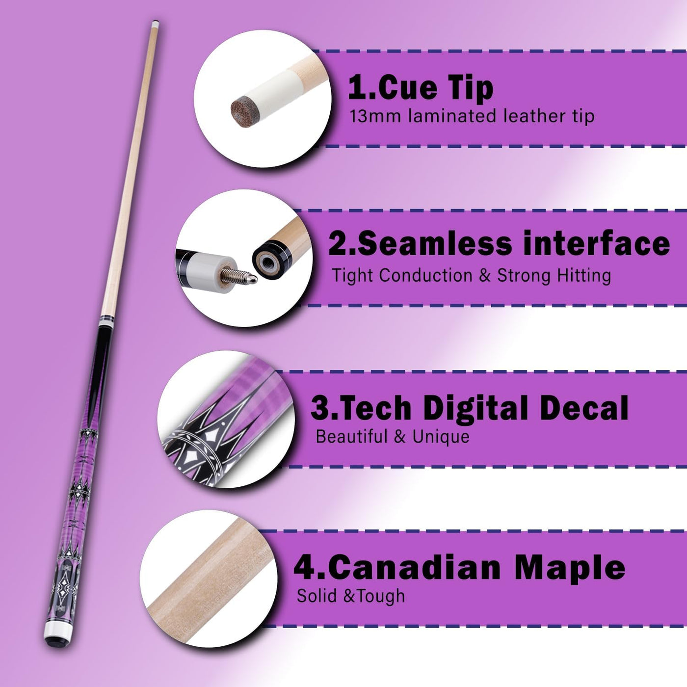 Pool cue with features highlighted on a purple background