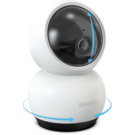 White security camera with blue arrows indicating movement on a white background