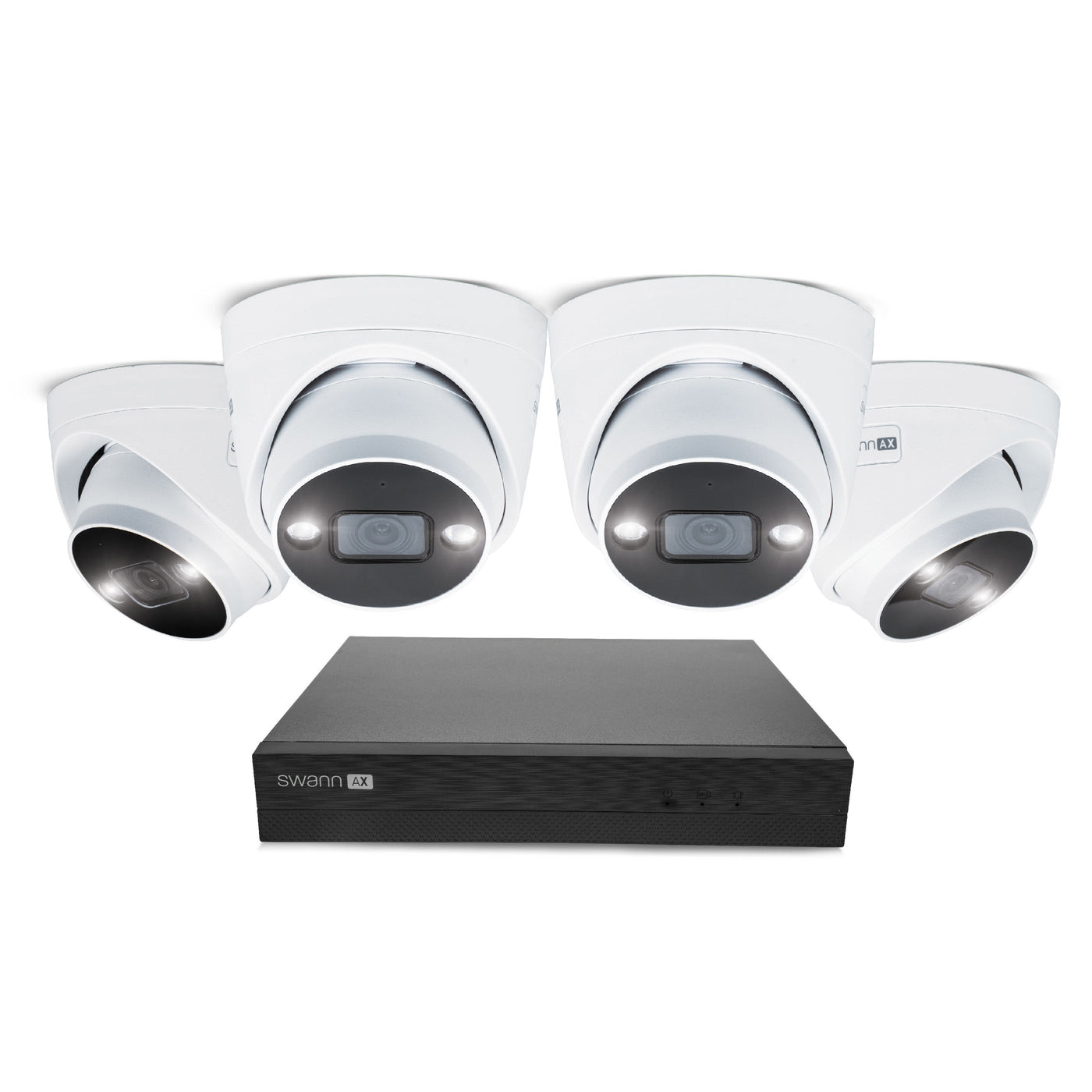 Security camera system with four white cameras and a black DVR on a white background