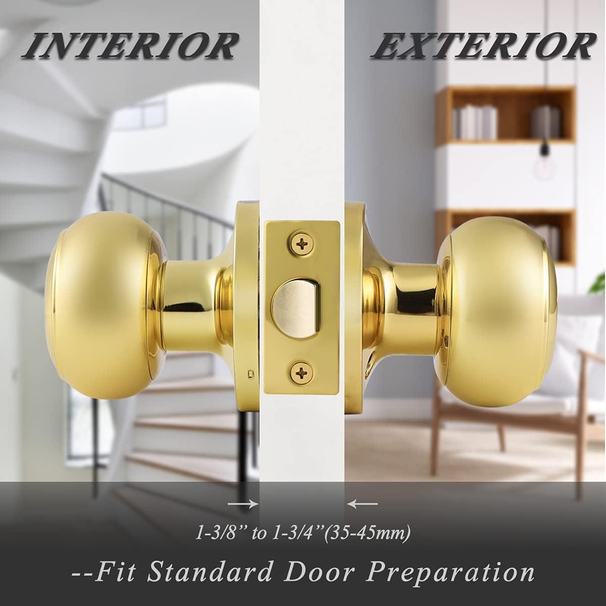 Probrico 4 Pack Polished Brass Passage Door Knobs - Gold Round