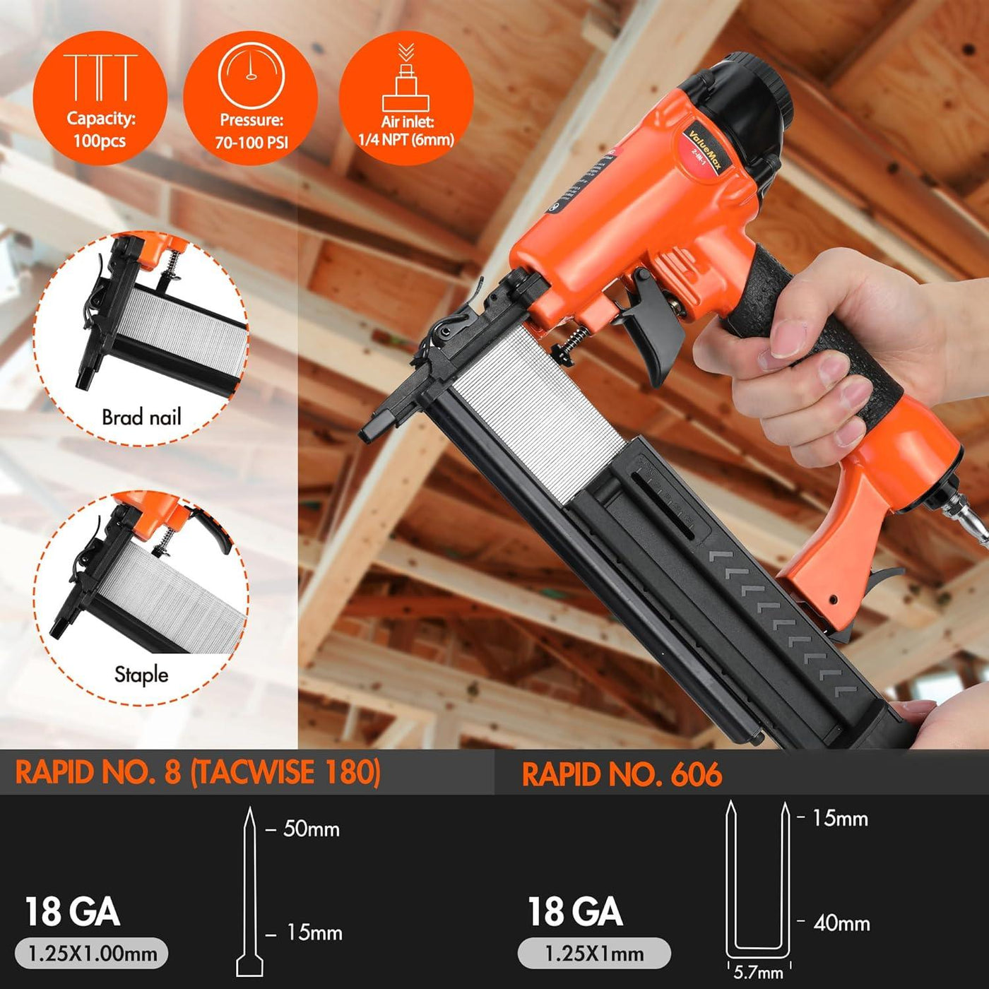 ValueMax 2-in-1 Air Nail Gun - 18GA Nails & Staples, Pneumatic Brad Nailer