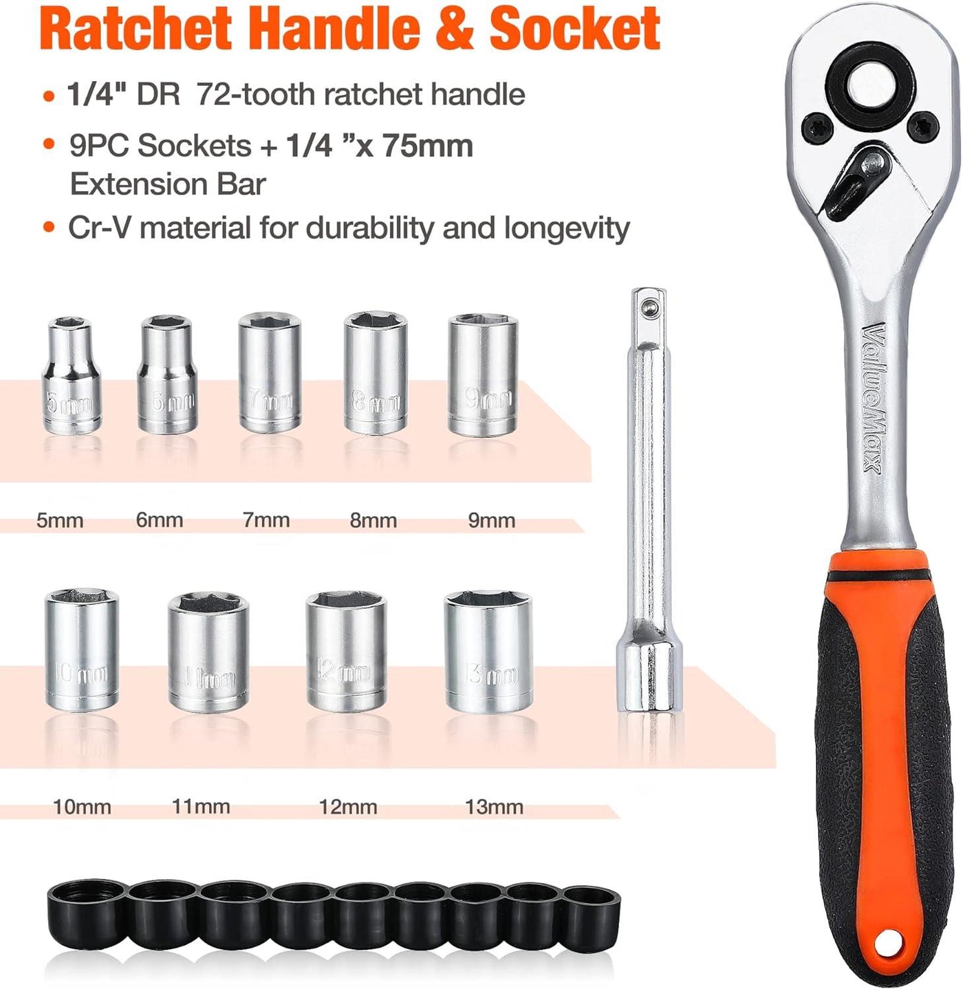 ValueMax 218PC Home Tool Kit | 13-Inch Bag, Pliers, Sockets, Wrench, Screwdrivers