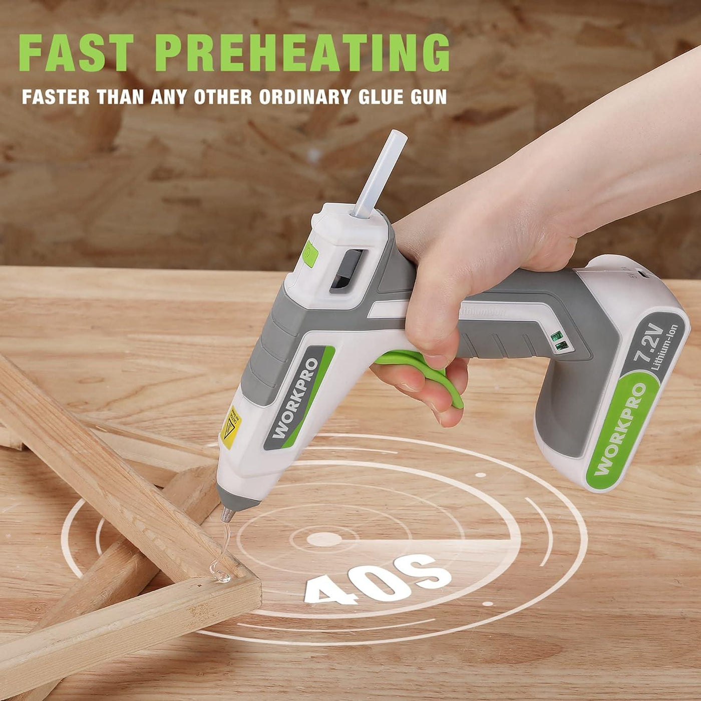 WORKPRO 7.2V Cordless Glue Gun with 19 Glue Sticks | Fast Preheat, 2000mAh Battery