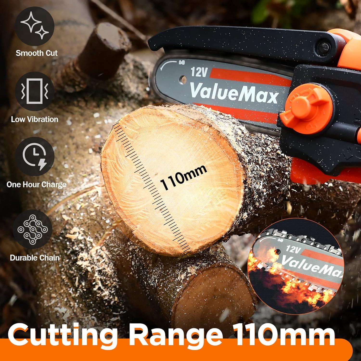 ValueMax Mini Chainsaw 4in Cordless, 12V, 3 Batteries, Quick Charger