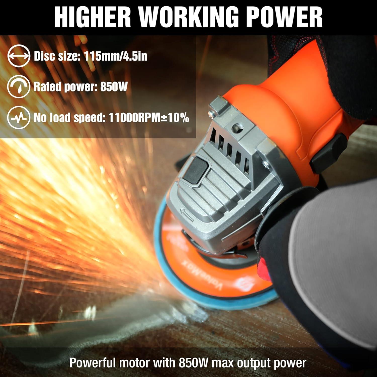 ValueMax 850W Angle Grinder, 115mm, 12000 RPM, 3-Position Handle, 4 Discs Included