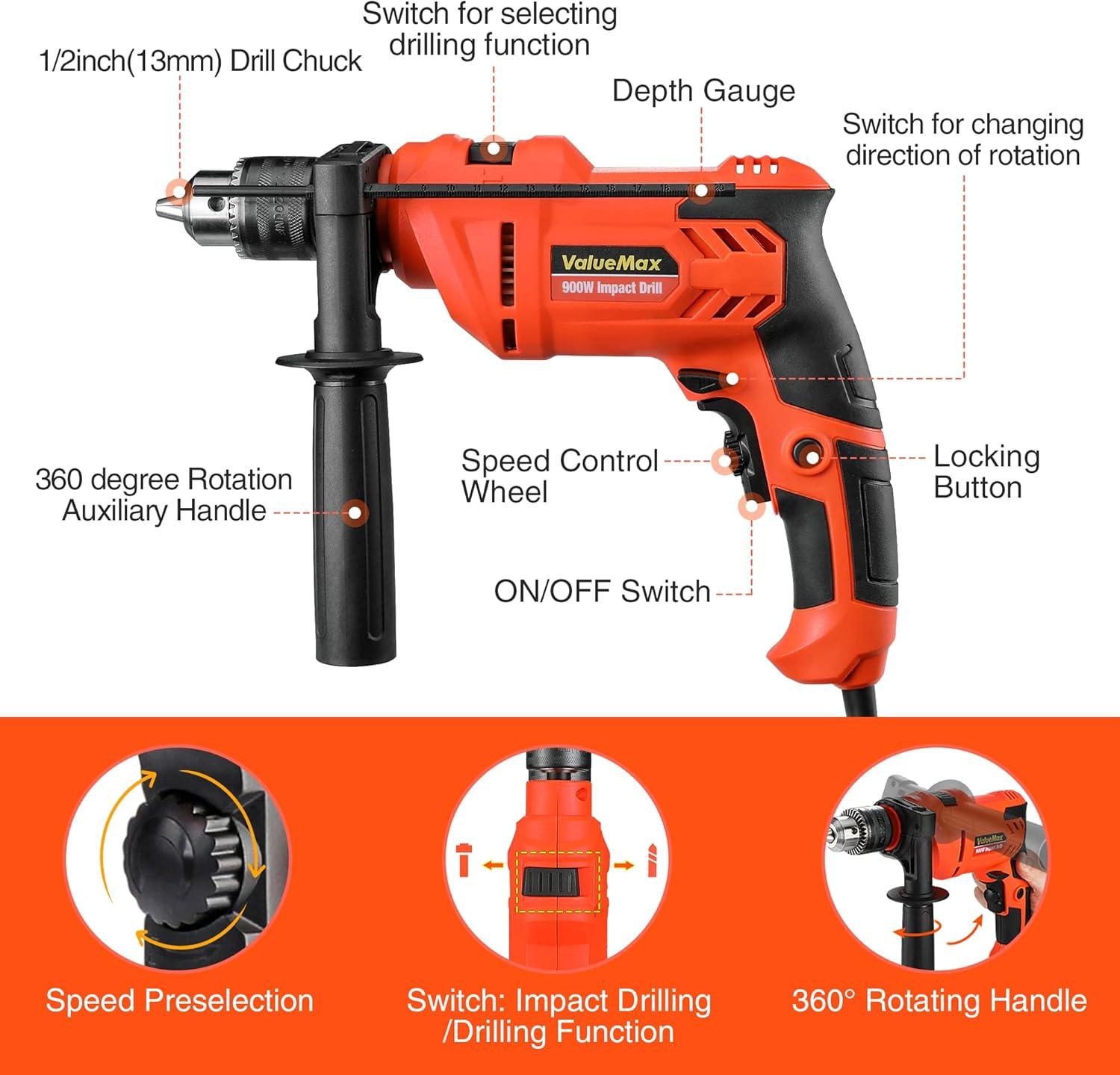 ValueMax 900W Electric Drill, Variable Speed Orange