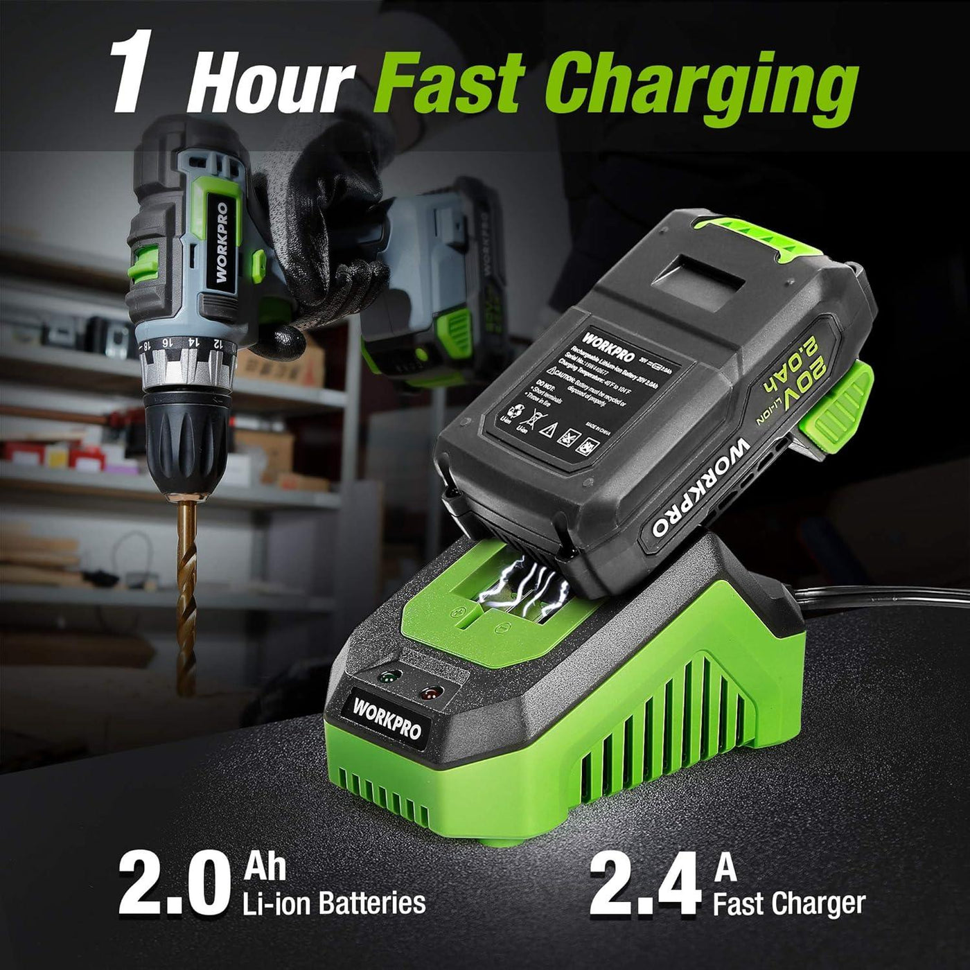 WORKPRO 20V Cordless Drill & Impact Driver, 2 x 2.0Ah Batteries, Charger