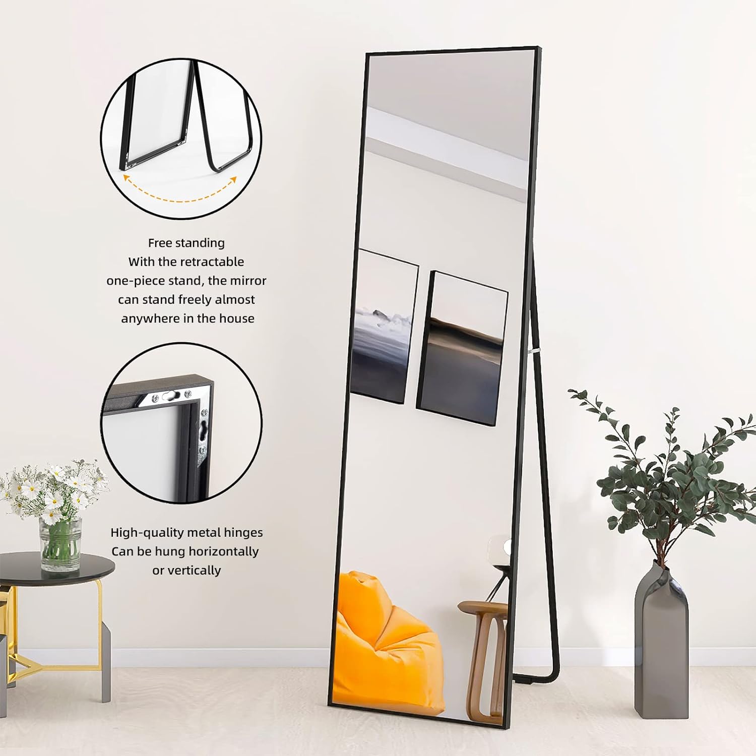 Beauty4U 140x40cm Full Length Mirror, Black Frame, Floor/Wall/Lean for Bedroom