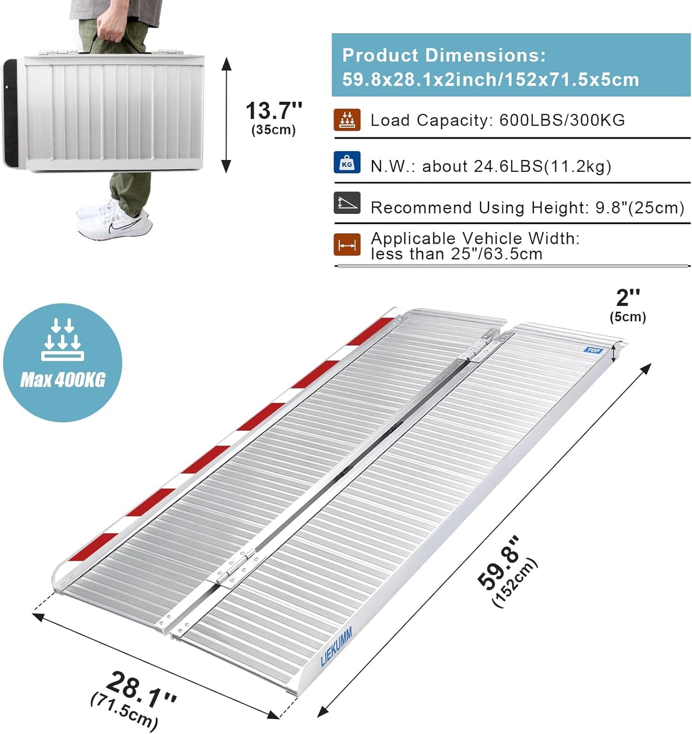 LIEKUMM Folding Aluminium Wheelchair Ramp, 150x71.5cm, 300KG Capacity, Portable