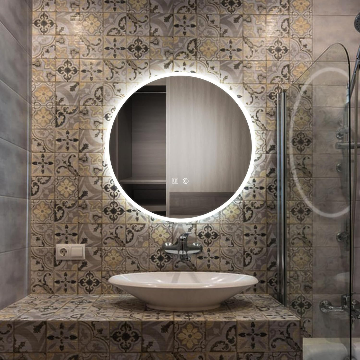 YOSHOOT 70cm Patterned Round LED Bathroom Mirror, Wall Mounted, 3-Color, IP44