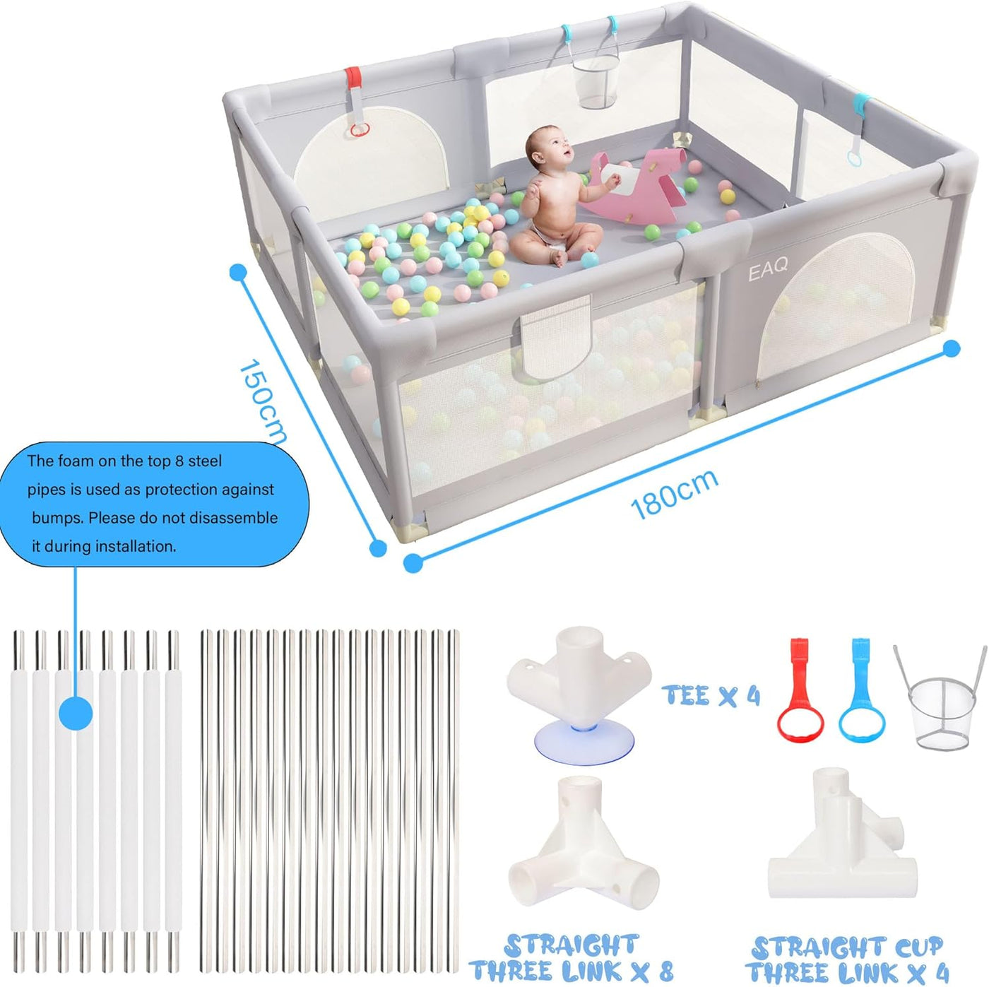 EAQ Baby Playpen 150x180cm - Indoor/Outdoor Kids Activity Center, Anti-Slip Base