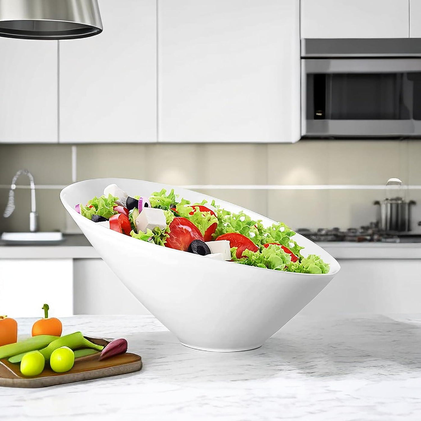2 Pack Angled Ceramic White Salad Bowls Set Slanted Bowls (770ml) - Massive Discounts