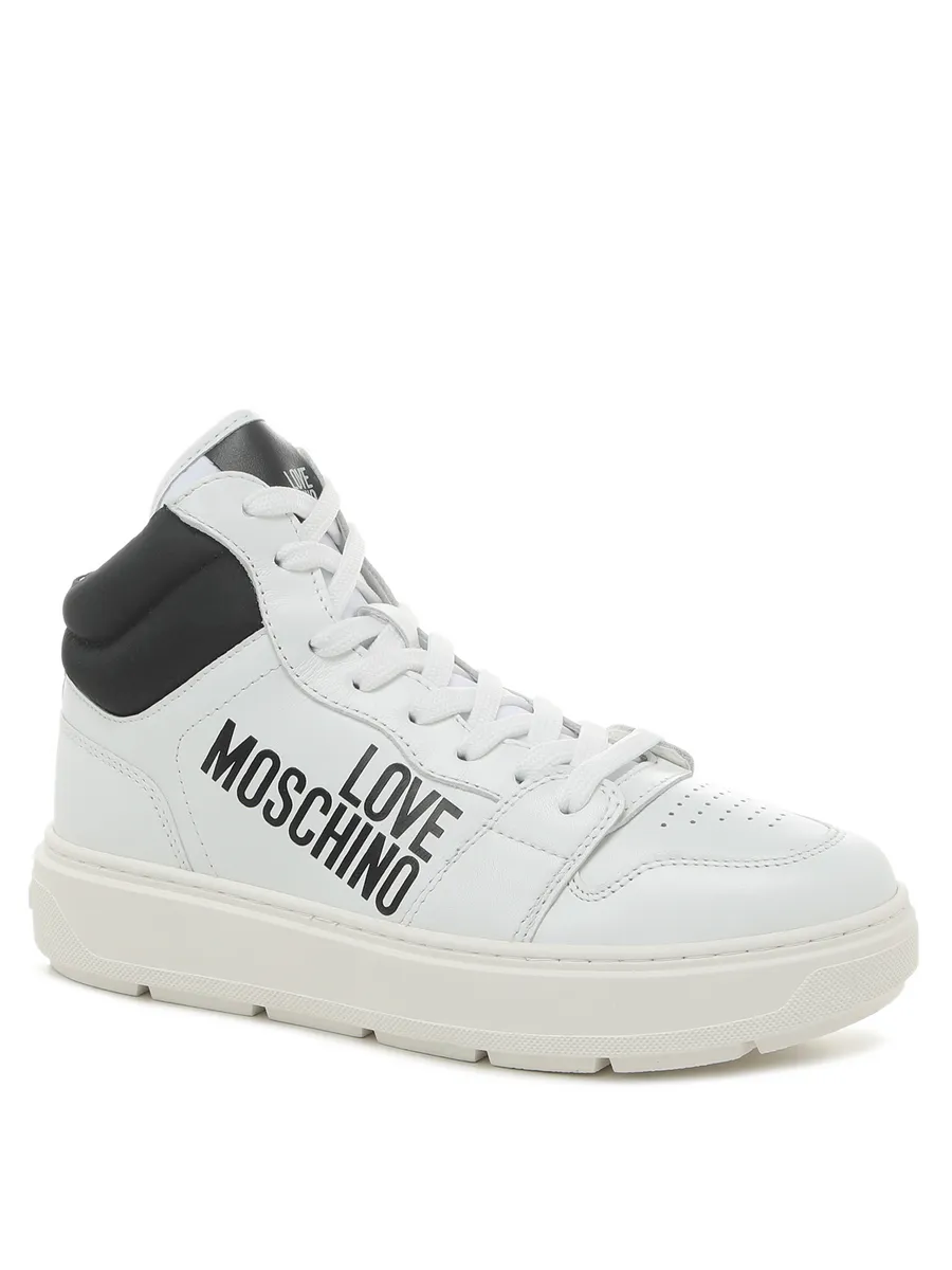 White high-top sneaker with black text on a white background