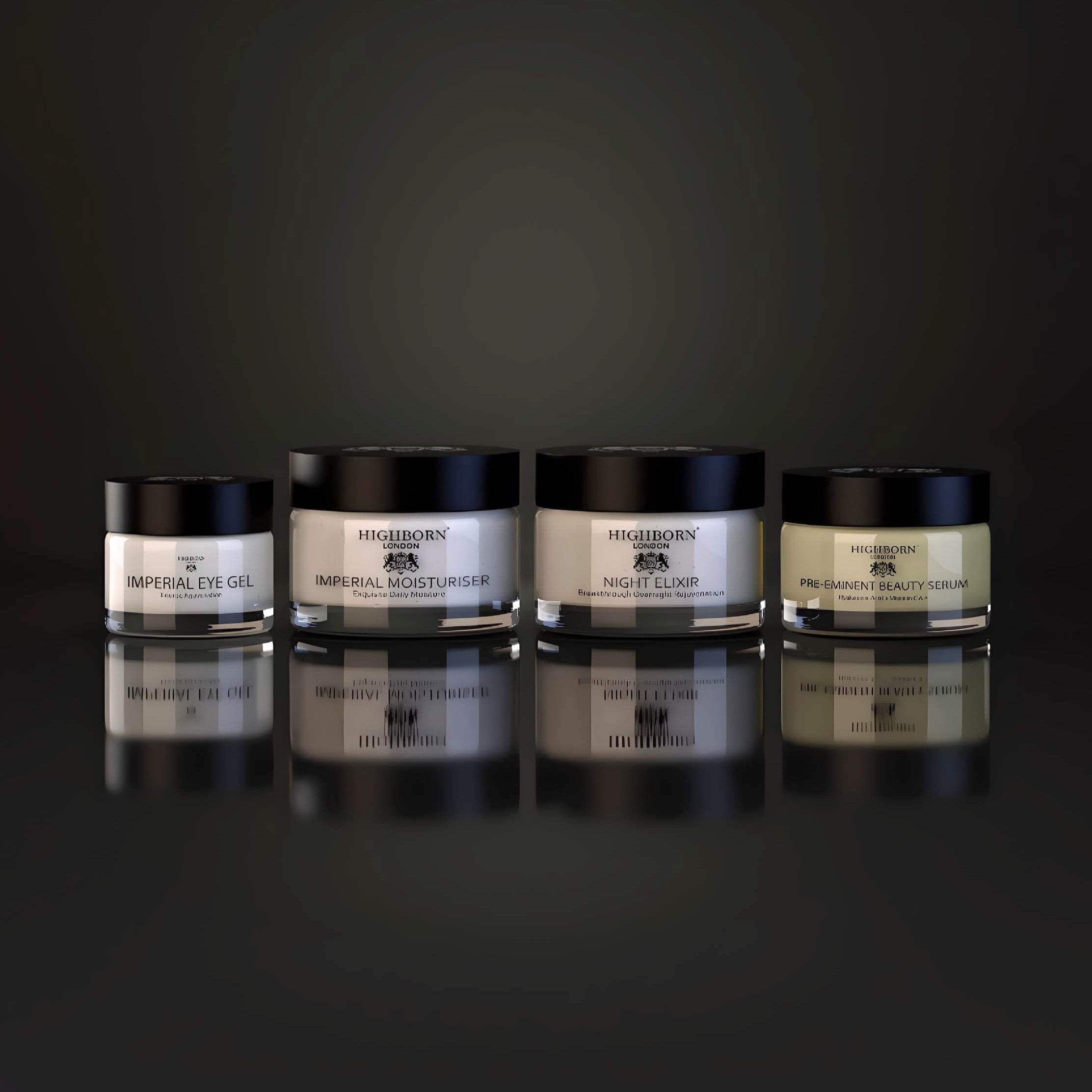 Set of Highborn skincare jars on a reflective black surface with a dark background