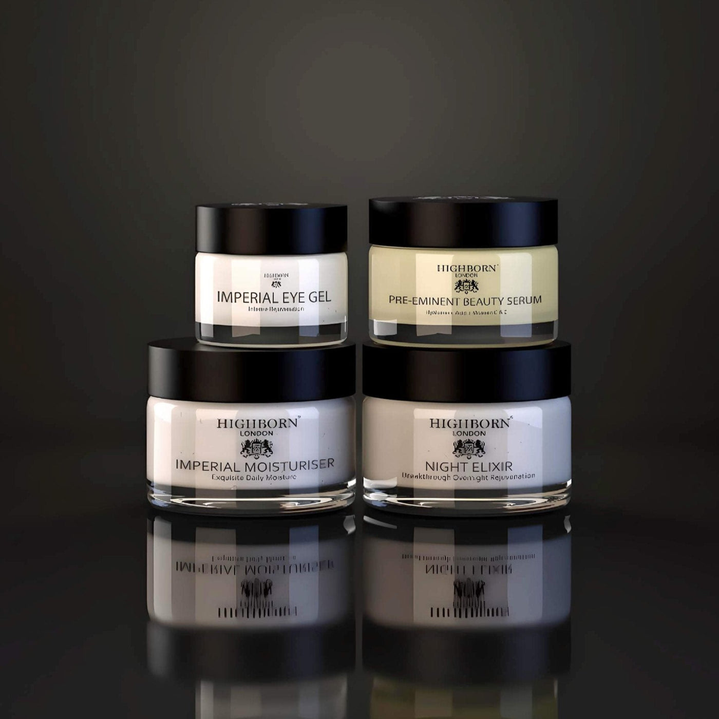 Four Highborn skincare jars stacked on a reflective surface with a dark background